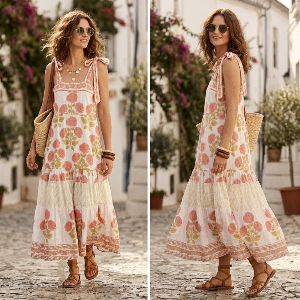 NWT Sue Sartor Dress Floral Block Print Cotton Tiered Maxi Dress Ivory Pink S/P